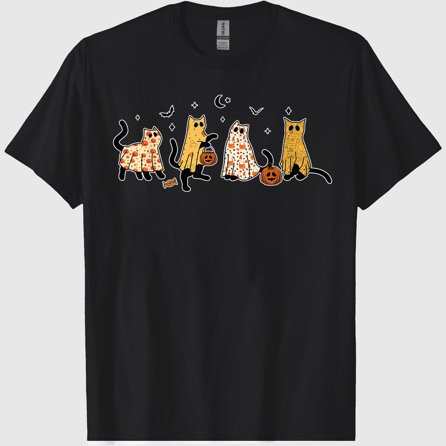 Cute Black Cats in Ghost Costume Women and Men Halloween T-Shirt