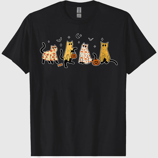 Cute Black Cats in Ghost Costume Women and Men Halloween T-Shirt