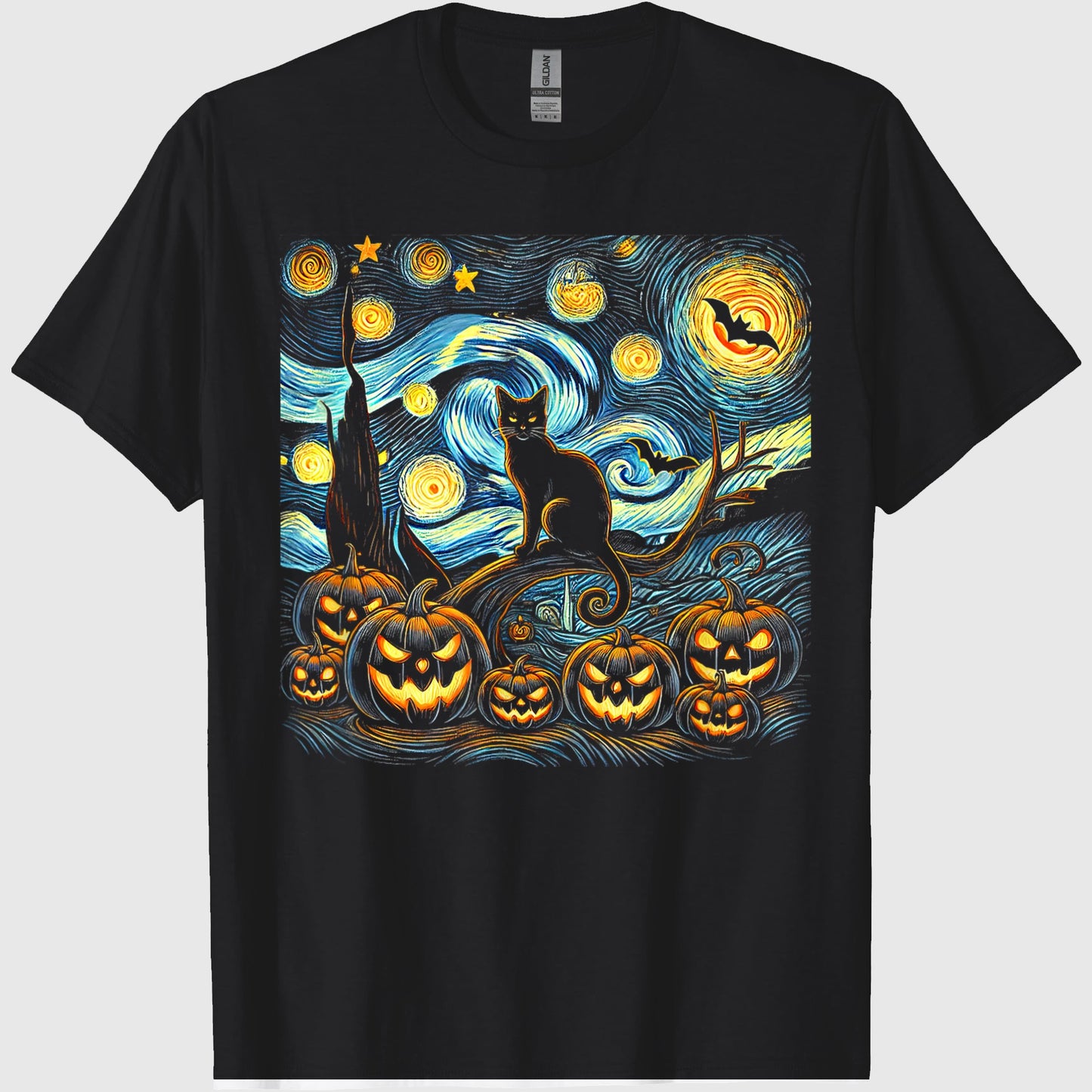 Halloween Van Gogh Starry Night Pumpkin Black Cat Costume T-Shirt