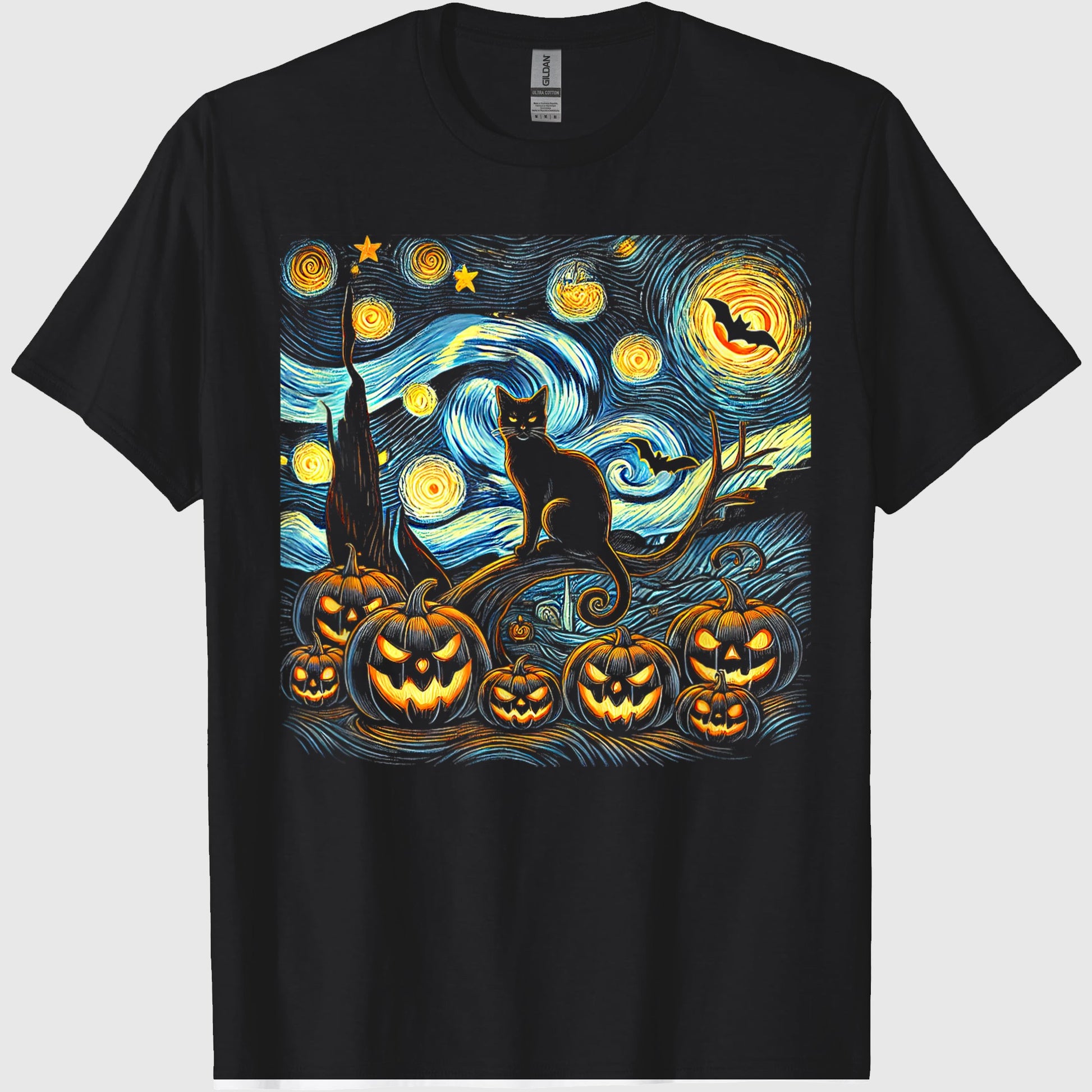 Halloween Van Gogh Starry Night Pumpkin Black Cat Costume T-Shirt
