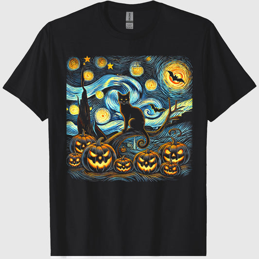 Halloween Van Gogh Starry Night Pumpkin Black Cat Costume T-Shirt
