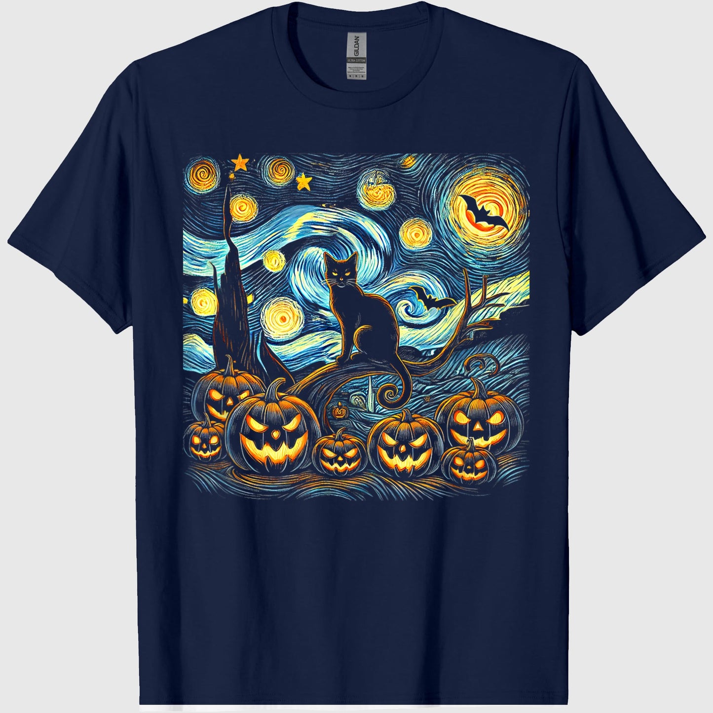 Halloween Van Gogh Starry Night Pumpkin Black Cat Costume T-Shirt