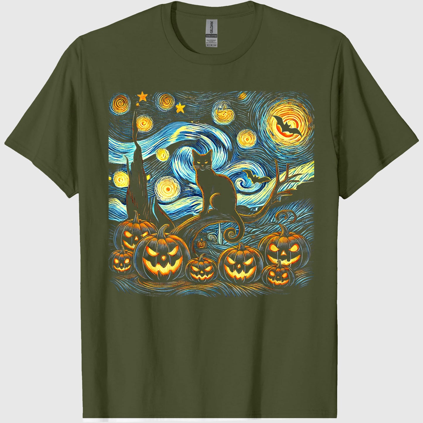 Halloween Van Gogh Starry Night Pumpkin Black Cat Costume T-Shirt