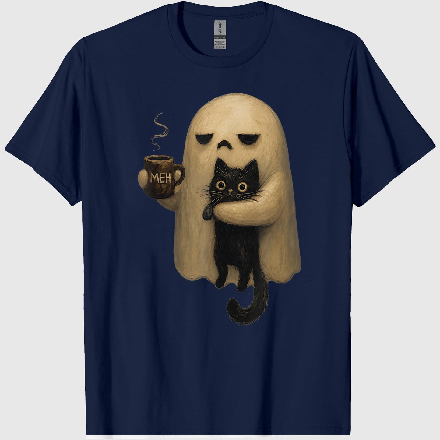 Spooky Ghost Holding Black Cat Coffee Lover Funny Halloween T-Shirt