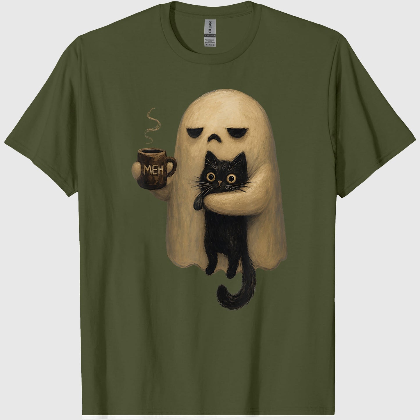 Spooky Ghost Holding Black Cat Coffee Lover Funny Halloween T-Shirt