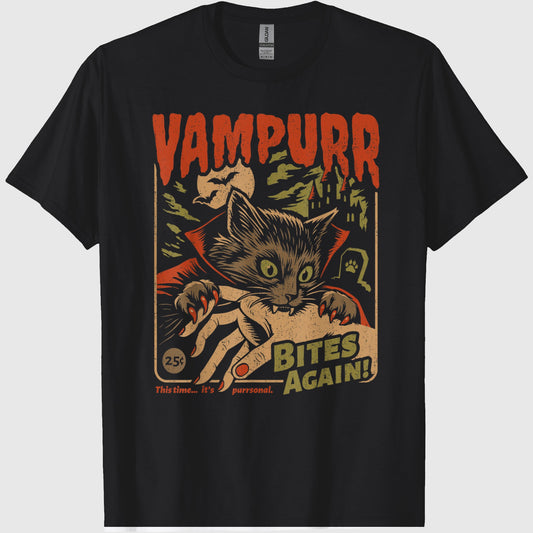 Vampurr Bites Again! Funny Cat Halloween Vintage Graphic T-Shirt