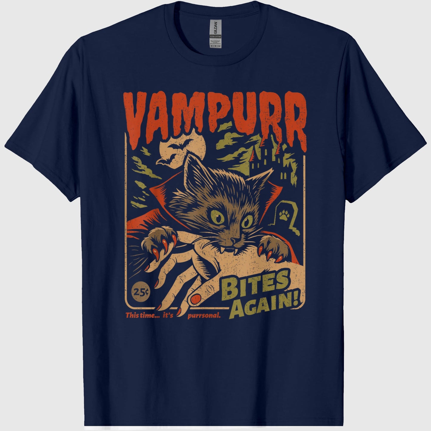 Vampurr Bites Again! Funny Cat Halloween Vintage Graphic T-Shirt