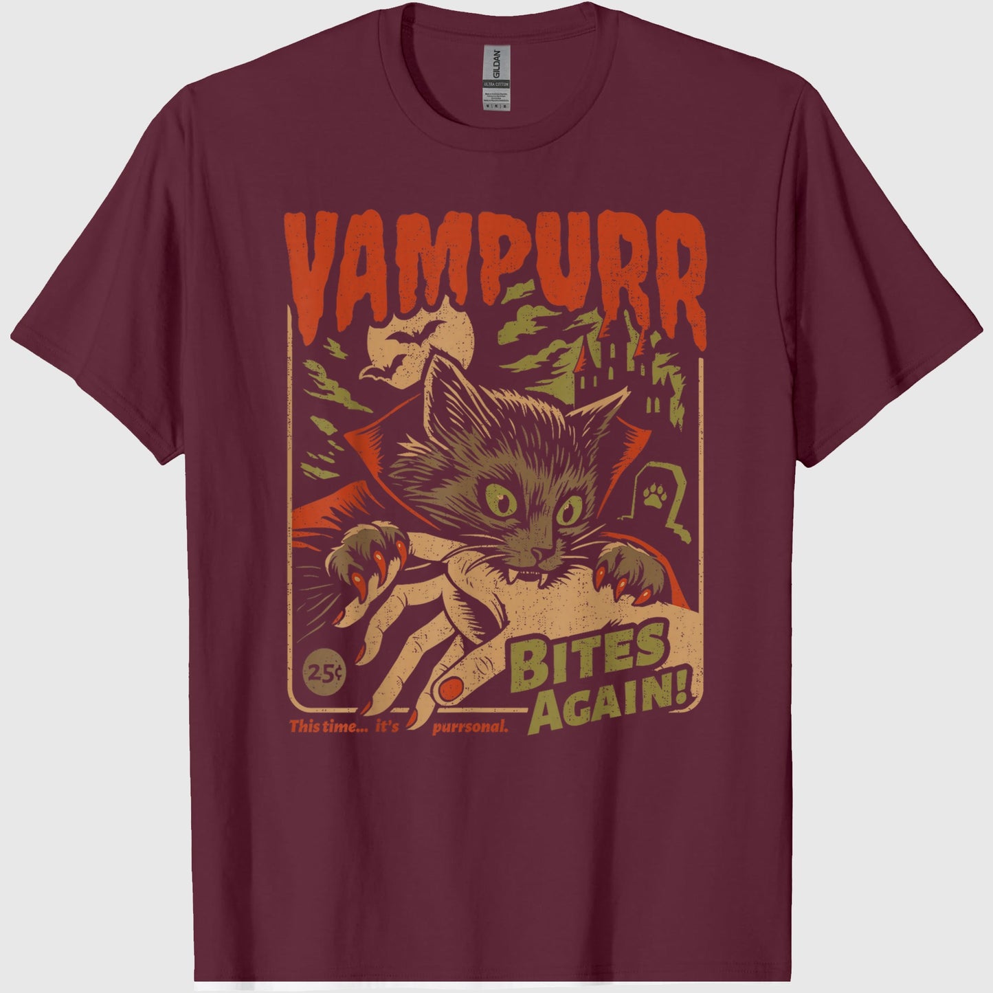 Vampurr Bites Again! Funny Cat Halloween Vintage Graphic T-Shirt