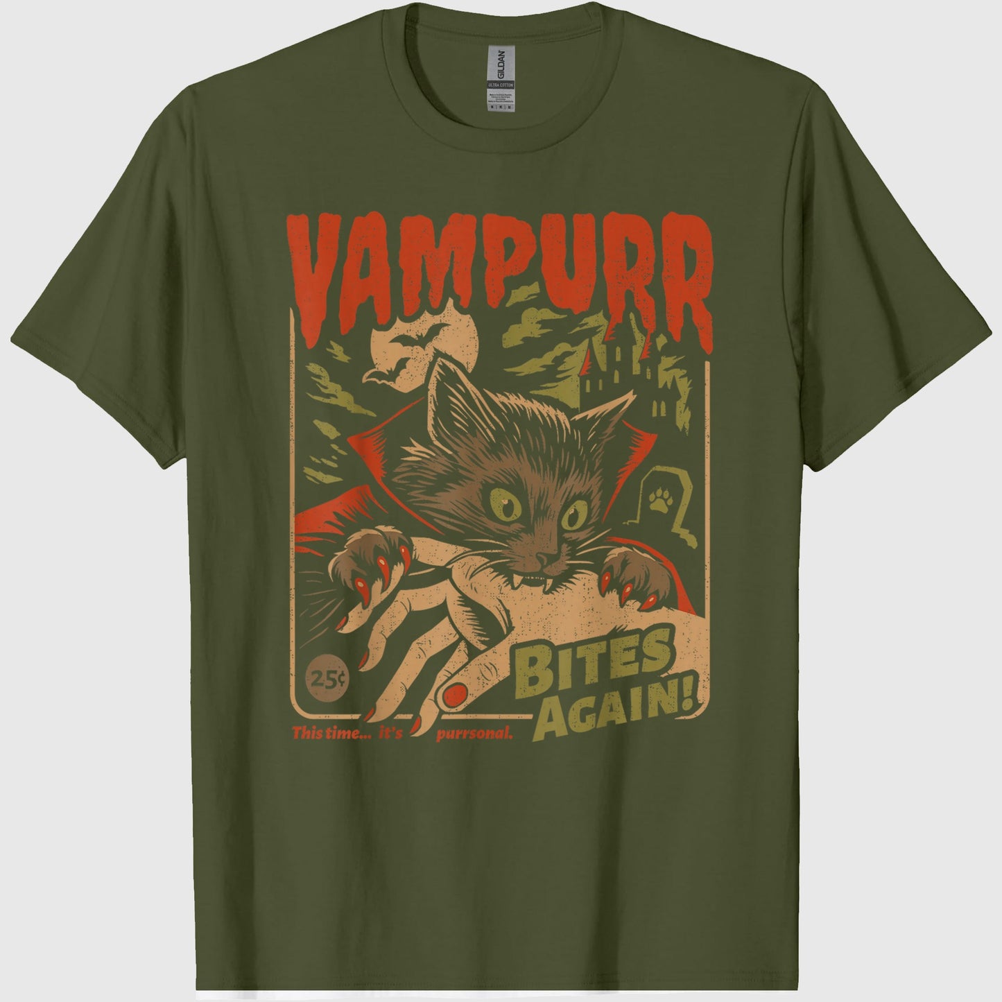 Vampurr Bites Again! Funny Cat Halloween Vintage Graphic T-Shirt
