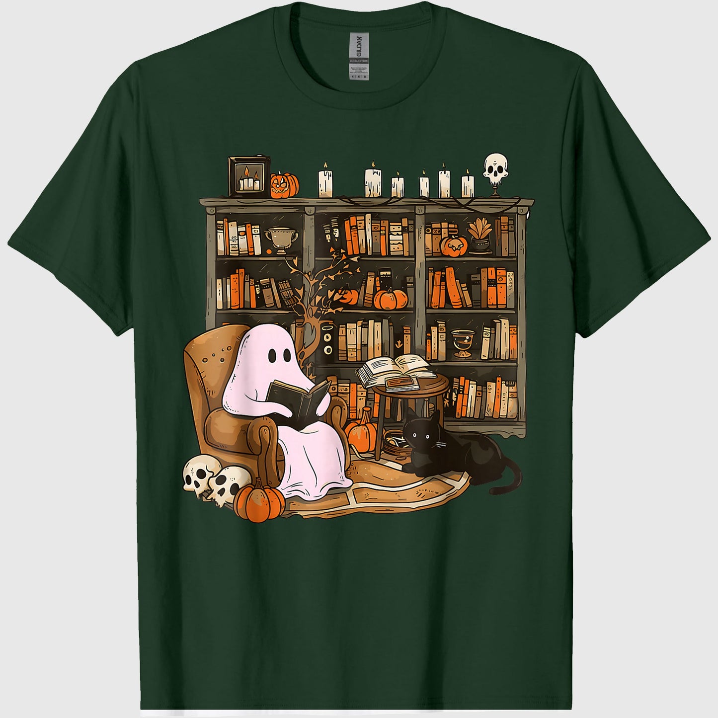Vintage Ghost Book Reading Pumpkin Gothic Halloween Teachers T-Shirt