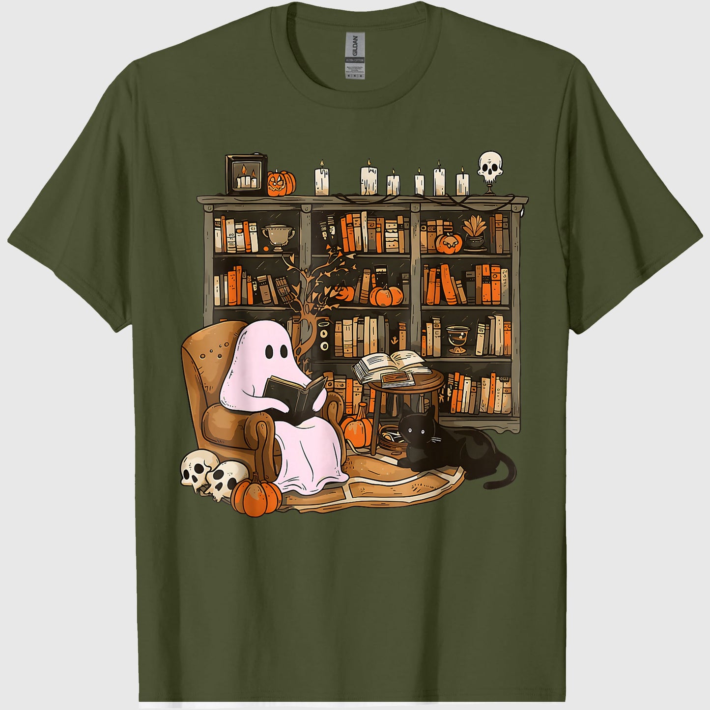 Vintage Ghost Book Reading Pumpkin Gothic Halloween Teachers T-Shirt